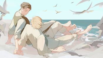 2boys barefoot bird blonde_hair brown_hair dion_lesage final_fantasy final_fantasy_xvi full_body gigantickim_ff highres holding_hands leaning_back looking_at_another male_focus multiple_boys ocean outdoors pants pants_rolled_up shirt short_hair terrence_(ff16) white_pants white_shirt