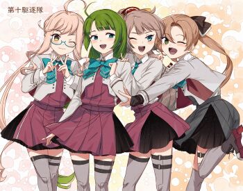 4girls ahoge akigumo_(kancolle) akigumo_kai_ni_(kancolle) aqua_bow aqua_bowtie aqua_necktie artist_glove blazer blue-framed_eyewear blue_bow blue_bowtie blue_eyes blush bow bowtie braid breasts brown_hair cowboy_shot dress glasses gradient_background green_eyes green_hair grey_dress grey_eyes grey_thighhighs hair_ribbon halterneck highres jacket kanmiya_shinobu kantai_collection kazagumo_(kancolle) kazagumo_kai_ni_(kancolle) long_hair long_sleeves makigumo_(kancolle) makigumo_kai_ni_(kancolle) mole mole_under_eye mole_under_mouth multiple_girls necktie one_eye_closed open_mouth pink_hair pleated_dress ponytail purple_dress ribbon school_uniform shirt single_braid skirt smile thighhighs twintails very_long_hair yellow_background yellow_eyes yuugumo_(kancolle) yuugumo_kai_ni_(kancolle)