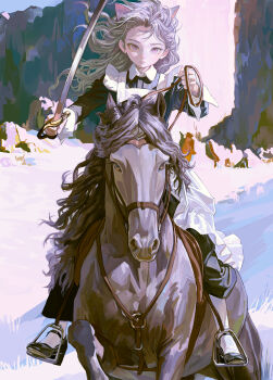 1girl animal_ears apron black_shoes bridle cat_ears cat_girl closed_mouth collared_shirt commentary day feiqizi_(fkey) fkey grey_hair highres holding holding_reins holding_sword holding_weapon horse horseback_riding long_hair long_sleeves looking_at_viewer maid maid_apron mary_janes original outdoors purple_eyes reins riding saber_(weapon) saddle shirt shoes snow socks solo stirrups_(riding) sword symbol-only_commentary weapon white_apron white_socks