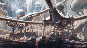 1girl 5others ambiguous_gender black_robe canyon day helmet machine multiple_others noba original outdoors robe scenery science_fiction solo