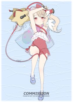 1girl absurdres bare_shoulders blonde_hair blush cape casual_one-piece_swimsuit dress_swimsuit fate/grand_order fate_(series) highres illyasviel_von_einzbern illyasviel_von_einzbern_(swimsuit_archer) illyasviel_von_einzbern_(swimsuit_archer)_(second_ascension) looking_at_viewer lying magical_ruby magical_ruby_(hose) one-piece_swimsuit red_eyes red_one-piece_swimsuit reyzha7 smile solo swimsuit twintails water