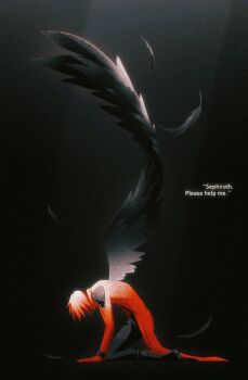 1boy aries20770321 armor black_feathers black_pants black_wings coat crisis_core:_final_fantasy_vii english_text falling_feathers feathered_wings feathers final_fantasy final_fantasy_vii full_body genesis_rhapsodos gloves highres kneeling long_coat male_focus medium_hair pants red_coat red_gloves red_hair sephiroth shoulder_armor single_wing solo wings