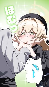 1boy 1girl :3 beret black_hat black_sailor_collar black_serafuku blonde_hair blue_archive blush commentary_request fluffy_hair green_eyes hair_intakes halo hands_on_another's_cheeks hands_on_another's_face hat head_rest highres holding_another's_wrist long_hair looking_at_another oekaki_turtle professor_niyaniya_(blue_archive) puffy_cheeks sailor_collar school_uniform sensei_(blue_archive) serafuku side_ahoge spoken_sweatdrop sweatdrop yellow_halo