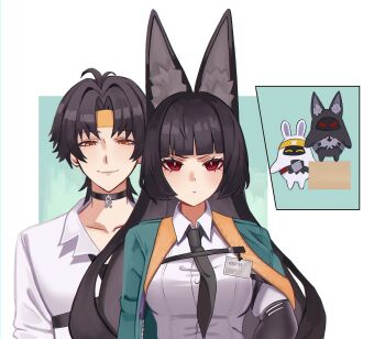 1boy 1girl absurdres animal_ear_fluff animal_ears asaba_harumasa asaboo_(zenless_zone_zero) black_hair black_necktie blunt_bangs box breasts by_nearreya cardboard_box closed_mouth commentary english_commentary fox_ears fox_girl headband height_difference highres hoshimi_miyabi miyaboo_(zenless_zone_zero) jacket long_hair looking_at_viewer medium_breasts necktie on_box parted_bangs red_eyes shirt short_hair smile standing_on_box standing_on_object white_shirt yellow_eyes zenless_zone_zero