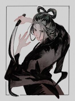 1girl black_hair border brown_eyes closed_mouth cropped_torso emma_the_gentle_blade from_side fromsoftware fune_(nkjrs12) grey_background hair_pulled_back hair_rings hands_up highres holding holding_sword holding_weapon japanese_clothes kimono long_hair long_sleeves looking_at_viewer outside_border sekiro:_shadows_die_twice sidelocks simple_background solo sword weapon