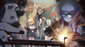 6+girls absurdres ahoge animal_ears black_boots black_hair black_jacket black_shorts black_skirt blonde_hair blue_archive boots breasts chihiro_(blue_archive) dog_ears dog_girl dog_tail double_bun fishnet_pantyhose fishnets floating_headgear green_halo grey_hair hair_bun halo hare_(blue_archive) headgear hibiki_(blue_archive) highres jacket kokukyukeo kotori_(blue_archive) ladder large_breasts long_hair long_sleeves maki_(blue_archive) mask micro_shorts miniskirt mouth_mask multicolored_jacket multiple_girls one_eye_closed open_mouth pantyhose pleated_skirt ponytail purple_hair red_hair red_halo short_hair shorts skirt standing stepladder tail teardrop-framed_glasses thundergun_(blue_archive) triangle_halo two-tone_jacket utaha_(blue_archive) very_long_hair welding welding_torch white_jacket yellow_halo