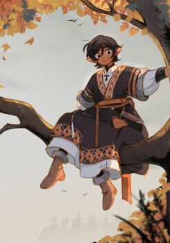 1girl arm_support autumn autumn_leaves bird black_hair boots commentary dark-skinned_female dark_skin day english_commentary erin_(honey_glows) full_body fur-trimmed_boots fur_trim hair_between_eyes highres knife leaf original outdoors pointy_ears sheath sheathed short_hair sitting sitting_on_branch smile solo