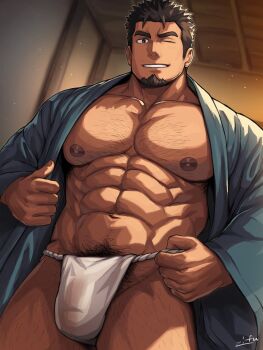 1boy armpit_hair armpit_hair_peek bara bare_pectorals black_eyes broad_shoulders brown_hair chest_hair commentary_request covered_penis facial_hair fundoshi goatee grin highres japanese_clothes large_pectorals leg_hair male_focus muscular muscular_male mustache_stubble nipples nose one_eye_closed original pectorals pubic_hair pubic_hair_peek smile solo spiked_hair stomach_hair stubble thick_eyebrows thick_thighs thighs wet wet_clothes wet_fundoshi white_fundoshi zifu