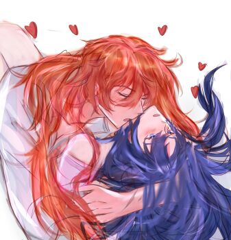 Rule 34 | 2girls, absurdres, augusta (wuthering waves), blue eyes, blue hair, closed eyes, commentary, hashtag-only commentary, heart, highres, iuno (wuthering waves), long hair, multiple girls, open mouth, red hair, ren62562390, white background, wuthering waves, yuri