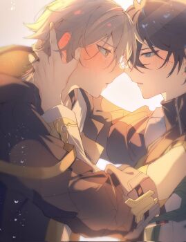 2boys black_hair black_jacket black_shirt blue_eyes blush caelus_(honkai:_star_rail) collared_shirt commentary_request dan_heng_(honkai:_star_rail) dan_heng_(hunt)_(honkai:_star_rail) grey_hair hand_on_another's_face highres honkai:_star_rail honkai_(series) imminent_kiss jacket long_sleeves male_focus multiple_boys shirt trailblazer_(honkai:_star_rail) upper_body xianshuipao yaoi yellow_eyes