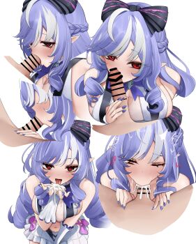 1boy 1girl absurdres ahoge bar_censor black_bow black_bowtie bow bowtie breasts censored commentary cum cum_on_body cum_on_hands cum_overflow erection fellatio hair_bow hetero highres large_breasts licking licking_penis long_hair moca_(mocaa_iai) mole mole_under_eye multicolored_hair multiple_views official_alternate_costume oral penis pointy_ears purple_hair purple_nails red_eyes simple_background two-tone_hair very_long_hair vivian_banshee vivian_banshee_(iris_of_the_shore) white_background white_hair zenless_zone_zero