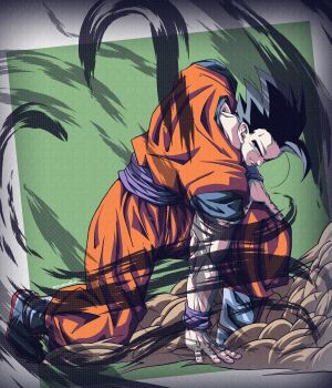 Rule 34 | 1boy, absurdres, aura, black eyes, black hair, blue boots, blue sash, blue shirt, blue wrist cuffs, boots, dougi, dragon ball, dragonball z, green background, hashtag-only commentary, highres, male focus, muscular, muscular male, noir illust, orange pants, orange shirt, pants, potential unleashed, sash, shirt, short hair, solo, son gohan, spiked hair, wrist cuffs
