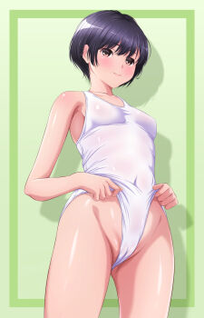 1girl akippoi_0919 black_hair breasts brown_eyes cameltoe covered_navel cowboy_shot frontal_wedgie green_background highres medium_breasts one-piece_swimsuit original school_swimsuit self_wedgie short_hair solo swimsuit two-tone_background wedgie white_one-piece_swimsuit