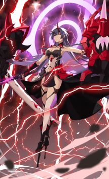 1girl absurdres black_skirt breasts cleavage commentary commentary_request commission corset electricity english_commentary halo highres holding holding_sword holding_weapon honkai_(series) honkai_impact_3rd horns katana large_breasts long_hair long_horns mixed-language_commentary mush_(mushlicious) purple_eyes purple_hair raiden_mei raiden_mei_(herrscher_of_thunder) red_horns skirt solo sword very_long_hair weapon white_corset