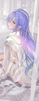 Rule 34 | 1girl, bed, bed sheet, breasts, canopy bed, collared shirt, crossed bangs, crossed legs, cup, cupboard, highres, idolmaster, idolmaster shiny colors, long hair, looking at viewer, looking back, purple hair, saucer, see-through clothes, see-through shirt, shirt, sideboob, sidelocks, sitting, solo, suzuki hana, teacup, uouokuma, white shirt