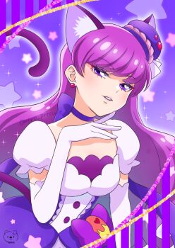 1girl absurdres animal_ears bow bow_choker breasts cat_ears cat_tail choker cure_macaron dress earrings elbow_gloves extra_ears food food-themed_hair_ornament gloves gradient_background hair_ornament highres jewelry kirakira_precure_a_la_mode kotozume_yukari lips long_hair looking_at_viewer macaron macaron_hair_ornament magical_girl medium_breasts moro_precure pom_pom_(clothes) pom_pom_earrings pouch precure purple_background purple_choker purple_dress purple_eyes purple_hair purple_tail ribbon_choker smile solo tail white_gloves