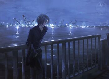 1boy absurdres against_railing belt black_jacket black_pants black_shirt blue_sky ca_mei city_lights cityscape closed_eyes crane_(machine) fuwa_minato fuwa_minato_(2nd_costume) grey_belt grey_hair hair_between_eyes hashtag-only_commentary highres holding holding_jacket holding_unworn_clothes jacket jewelry long_sleeves male_focus necklace night nijisanji outdoors pants parted_bangs parted_lips pendant railing reflection reflective_liquid shirt short_hair sky skyline solo unworn_jacket virtual_youtuber water