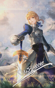 Rule 34 | 1girl, absurdres, accelerator1111, ahoge, armor, armored dress, artoria pendragon (fate), blonde hair, blue dress, blue ribbon, braid, breastplate, closed mouth, commentary request, dress, english text, excalibur (fate/stay night), fate/stay night, fate (series), from side, gauntlets, green eyes, grey skirt, hair bun, hair ribbon, highres, juliet sleeves, lips, long sleeves, looking to the side, mixed-language commentary, planted, planted sword, planted weapon, procreate (medium), puffy sleeves, ribbon, saber (fate), skirt, solo, sword, weapon