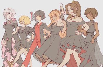 6+girls black_dress black_hair bow breasts brown_hair brown_hairband champagne_flute chest_tattoo cigarette cleavage commentary cup dark-skinned_female dark_skin don_quixote_(project_moon) dress drinking_glass english_commentary faust_(project_moon) flower hair_bow hairband highres ishmael_(project_moon) limbus_company locked_arms long_hair luvlain multiple_girls orange_hair outis_(project_moon) pants project_moon red_eyes red_pants red_shirt rodion_(project_moon) ryoshu_(project_moon) shirt short_hair simple_background smile tattoo very_long_hair white_hair