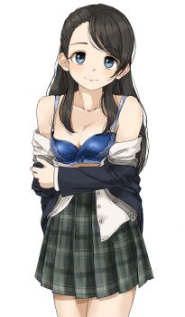1girl bare_shoulders black_hair blue_bra blue_eyes bra breasts cleavage collarbone gatsby_ssl half_updo highres idolmaster idolmaster_cinderella_girls kurihara_nene long_hair medium_breasts school_uniform skirt underwear