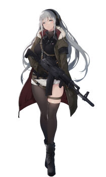 1girl ak-74m armband assault_rifle asymmetrical_legwear belt boots breasts coat fur_trim gloves grey_eyes gun headphones highres kalashnikov_rifle large_breasts long_hair looking_at_viewer nanahara_fuyuki original rifle shorts silver_hair solo thigh_strap thighhighs uneven_legwear very_long_hair weapon