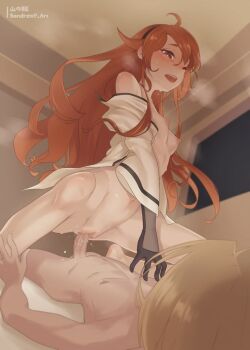 1girl assertive_female black_gloves breasts censored kodomo_doushi cowgirl_position eris_greyrat gloves groin groin_tendon hand_on_another's_chest highres hip_bones loli long_hair mosaic_censoring mushoku_tensei nude penis pussy red_hair rudeus_greyrat sandrewf sex shota small_breasts straddling sweat tagme vaginal