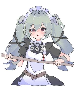 1girl apron black_dress breasts commentary_request corin_wickes cuffs dress green_hair hair_between_eyes highres holding long_hair looking_at_viewer maid maid_apron maid_headdress mizuame_bakuhatsu open_mouth puffy_short_sleeves puffy_sleeves purple_eyes screw_hair_ornament short_sleeves simple_background solo twintails upper_body white_apron white_background zenless_zone_zero