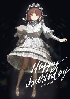 1girl alternate_costume boko_(girls_und_panzer) brown_eyes brown_hair commentary_request dress expressionless frilled_dress frills full_body girls_und_panzer hairband happy_birthday highres holding holding_stuffed_toy liberta815 lolita_fashion lolita_hairband looking_at_viewer nishizumi_miho parted_lips short_hair solo stuffed_animal stuffed_toy teddy_bear white_dress