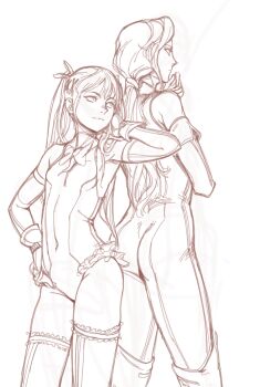 2girls ass bare_shoulders breasts dead_or_alive detached_sleeves feason feet_out_of_frame frilled_one-piece_swimsuit frills gloves hair_ornament hair_ribbon helena_douglas highres long_hair marie_rose multiple_girls one-piece_swimsuit ponytail ribbon simple_background sketch smile swimsuit thighhighs twintails white_background