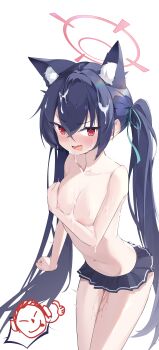 1girl :p @_@ absurdres animal_ear_fluff animal_ears areola_slip bikini bikini_bottom_only black_bikini black_hair blue_archive blue_ribbon blush breasts cat_ears cat_girl cleavage clenched_hand collarbone commentary covering_breasts covering_privates cowboy_shot crossed_bangs cum cum_on_body cum_on_breasts cum_on_hair cum_on_upper_body doodle_sensei_(blue_archive) embarrassed extra_ears facial fang frilled_bikini frills hair_between_eyes hair_intakes hair_ribbon halo hand_up hetero highres leaning_forward long_hair medium_breasts nammmmer naughty_face navel nose_blush official_alternate_costume open_mouth pink_halo pov pussy_juice red_eyes ribbon sensei_(blue_archive) serika_(blue_archive) serika_(swimsuit)_(blue_archive) sidelocks simple_background skin_fang solo spoken_character stomach straight_hair swimsuit symbol-only_commentary tearing_up thighs thumbs_up tongue tongue_out topless_female tsurime twintails twitching v-shaped_eyebrows variant_set very_long_hair white_background