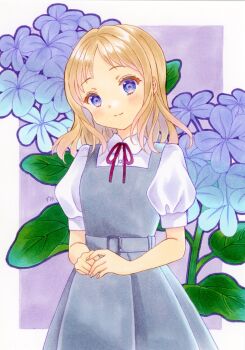 Rule 34 | 1girl, belt, belt buckle, blonde hair, blue eyes, blue flower, border, buckle, closed mouth, collared shirt, commentary request, cowboy shot, dress, floral background, flower, grey belt, grey dress, head tilt, highres, leaf, light blush, light smile, looking at viewer, marker (medium), medium hair, neck ribbon, original, osumi izumi, own hands together, partial commentary, pinafore dress, plumbago (flower), puffy short sleeves, puffy sleeves, purple background, red ribbon, ribbon, shirt, short sleeves, sleeveless, sleeveless dress, solo, standing, traditional media, white border, white shirt