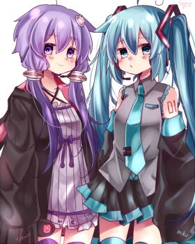 Rule 34 | 2girls, ahoge, animal hood, aqua eyes, aqua hair, aqua necktie, black skirt, black sleeves, breasts, commentary request, detached sleeves, dress, grey shirt, hatsune miku, headphones, hood, hood down, long hair, looking at viewer, multiple girls, necktie, number tattoo, purple dress, purple eyes, purple hair, purple thighhighs, rabbit hood, shimashiro itsuki, shirt, short hair with long locks, simple background, skirt, sleeves past wrists, small breasts, smile, tattoo, thighhighs, twintails, very long hair, vocaloid, voiceroid, white background, yuzuki yukari