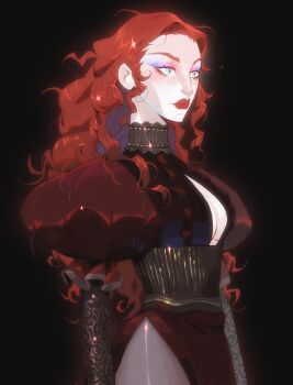 1girl absurdres arms_at_sides black_background black_sleeves bloom blue_eyes blue_eyeshadow breasts cami_(camisleeps) center_opening chappell_roan choker cleavage closed_mouth color_banding corset diffraction_spikes dress eyeshadow floral_print forehead frilled_choker frills from_side hair_over_shoulder highres layered_sleeves lips lipstick long_hair long_sleeves looking_ahead makeup medium_breasts messy_hair nose pantyhose pink_eyeshadow puffy_short_sleeves puffy_sleeves real_life red_dress red_hair red_lips short_over_long_sleeves short_sleeves side_slit sidelocks simple_background solo standing wavy_hair