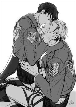 2boys ascot belt boots collared_jacket commentary_request emblem erwin_smith eye_contact hand_on_another&#039;s_waist hands_on_another&#039;s_face jacket kneeling layered_sleeves levi_(shingeki_no_kyojin) long_sleeves looking_at_another male_focus multicolored_hair multiple_boys pants paradis_military_uniform popped_collar ringtomato shingeki_no_kyojin short_hair simple_background sitting survey_corps_(emblem) thigh_belt thigh_strap two-tone_hair white_background yaoi
