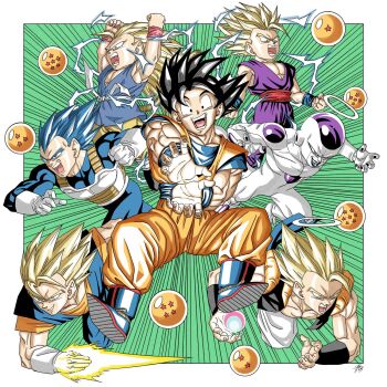 6+boys black_hair black_vest blonde_hair blue_bodysuit blue_eyes blue_hair blue_pants blue_sash blue_shirt blue_tunic bodysuit border colored_skin dougi dragon_ball dragon_ball_(object) dragon_ball_gt dragon_ball_super dragonball_z electricity final_form_frieza forest_1988 frieza gloves gogeta green_background green_eyes group_picture halo highres kamehameha_(dragon_ball) medium_hair metamoran_vest multiple_boys orange_pants orange_shirt pants purple_pants purple_shirt red_sash saiyan_armor sash shirt simple_background son_gohan son_goku spiked_hair super_saiyan super_saiyan_1 super_saiyan_2 super_saiyan_3 tunic vegeta vegetto vest white_border white_gloves white_skin