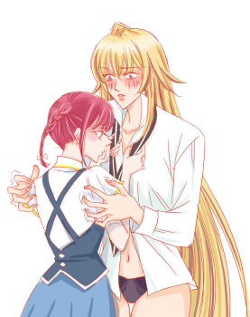 2girls blonde_hair blush braid breasts commentary_request couple gyaru large_breasts long_hair multiple_girls necktie red_hair shikishima_mirei takato_kiwa tokonome_mamori valkyrie_drive valkyrie_drive_-mermaid- very_long_hair yuri