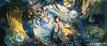 2girls :d absurdres arm_up armillary_sphere black_hair black_thighhighs blonde_hair brown_eyes chinese_commentary closed_mouth commentary_request constellation cowboy_shot dragon eastern_dragon from_above full_body grey_eyes hair_ornament heterochromia highres huntianyi_(wuhua_mixin) long_hair looking_at_viewer lying miniskirt multiple_girls open_mouth purple_shirt rotational_symmetry seal_script shachang shirt skirt smile sparkle star_(sky) starry_sky_background thighhighs tianqiuyi_(wuhua_mixin) watermark weibo_watermark white_shirt wuhua_mixin yellow_eyes yellow_skirt