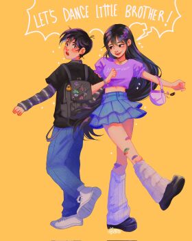 1boy 1girl :d abicattoo alternate_costume antenna_hair arm_hug artist_name backpack bag bandaid_on_thigh bare_arms big_yellow_cat_(omori) black_bag black_eyes black_hair black_shirt black_shoes blue_pants blue_skirt blush bracelet breasts brother_and_sister captain_spaceboy character_sticker choker clothes_writing commentary corrupted_twitter_file denim denim_skirt double-parted_bangs elbow_carry english_commentary english_text frilled_sleeves frills from_behind full_body gold_choker hair_behind_ear hair_between_eyes hair_ornament hairclip half-closed_eyes heart heart_choker high-waist_skirt highres holding holding_bag jeans jewelry layered_sleeves leg_warmers long_hair long_sleeves looking_at_another looking_back mari_(faraway)_(omori) mari_(omori) miniskirt nail_polish no_pupils omori open_mouth outstretched_arm pants parallel_hairclips pearl_bracelet pink_nails platform_shoes puffy_short_sleeves puffy_sleeves purple_bag purple_shirt shirt shoelaces shoes short_hair short_over_long_sleeves short_sleeves siblings sidelocks simple_background skirt small_breasts smile something_(omori) sparkle speech_bubble sprout_mole standing standing_on_one_leg sticker striped_sleeves sunny_(omori) surprised tareme teeth upper_teeth_only very_long_hair very_short_hair white_leg_warmers white_shoes wide-eyed yellow_background