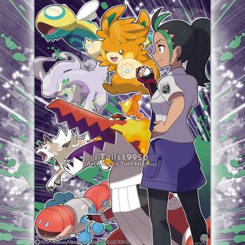 1girl artist_name black_hair black_pantyhose breasts bright_pupils claws closed_eyes closed_mouth colored_tongue commentary company_name copyright_notice dark-skinned_female dark_skin dudunsparce english_commentary fangs fire fire_bird_(skeledirge) freckles from_side gen_6_pokemon gen_7_pokemon goodra green_eyes green_hair holding holding_poke_ball instagram_username long_hair lycanroc lycanroc_(midday) merchandise_available necktie nemona_(pokemon) nintendo official_style open_mouth orange_eyes orthworm outline pantyhose pawmot poke_ball poke_ball_(basic) pokemon pokemon_(creature) pokemon_sv ponytail purple_necktie purple_shorts purple_tongue school_uniform shirt short_sleeves shorts skeledirge slime_(substance) smile tom_higgins tongue uva_academy_school_uniform watermark white_outline white_pupils white_shirt yellow_eyes