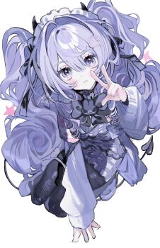 Rule 34 | 1girl, :3, armband, black bow, black bowtie, black horns, black pantyhose, black ribbon, blush stickers, bow, bowtie, closed mouth, commentary, demon girl, demon horns, demon tail, hair between eyes, hair intakes, hair ornament, hair ribbon, highres, horns, janome neno, lapels, long hair, long sleeves, looking at viewer, name tag, original, pantyhose, pink armband, plaid clothes, plaid skirt, plaid vest, purple eyes, purple hair, purple shoes, purple skirt, purple vest, rabbit hair ornament, ribbon, shirt, shoes, simple background, skirt, smile, solo, star (symbol), star in eye, symbol in eye, tail, translated, twintails, vest, w, white background, white shirt, white sleeves