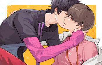 Rule 34 | 2boys, black hair, brown hair, chinese commentary, closed eyes, coat, commentary request, hand on another's back, hand on another's neck, high collar, highres, houjou emu, kamen rider, kamen rider ex-aid (series), kiss, lab coat, lanyard, layered clothes, long sleeves, male focus, multiple boys, nannixiyu, open mouth, parad, pink eyes, pink shirt, shirt, short hair, sparkle, white coat, yaoi