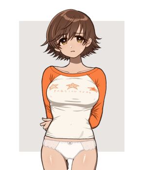 1girl 24takokai10 arms_behind_back border breasts brown_eyes brown_hair clothes_writing commentary covered_erect_nipples cowboy_shot grey_background honda_mio idolmaster idolmaster_cinderella_girls large_breasts long_sleeves looking_at_viewer no_pants orange_sleeves outside_border panties print_shirt shirt short_hair simple_background solo standing star_(symbol) star_print symbol-only_commentary tight_clothes tight_shirt underwear white_border white_panties white_shirt