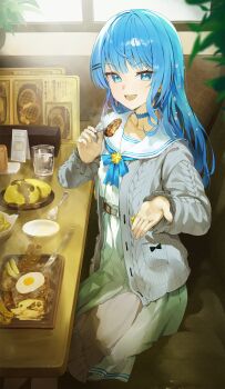 1girl absurdres atatatatame01 belt blue_bow blue_bowtie blue_choker blue_eyes blue_hair blunt_bangs bow bowtie butter_knife cardigan choker commentary_request couch cup dress drinking_glass earrings flat_chest flower food fork grey_cardigan hair_flower hair_ornament hairclip high_belt highres holding holding_fork hololive hoshimachi_suisei hoshimachi_suisei_(sailor) incoming_food jewelry knife long_hair long_sleeves looking_at_viewer meat menu official_alternate_costume on_couch open_cardigan open_clothes open_mouth parallel_hairclips plant plate pleated_skirt potted_plant ribbed_cardigan sailor_collar school_uniform serafuku sitting skirt smile solo spoon steak table virtual_youtuber white_dress white_serafuku