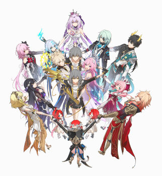 5boys 6+girls absurdres aglaea_(honkai:_star_rail) anaxa_(honkai:_star_rail) ancient_greek_clothes armor bare_shoulders black_hair blonde_hair caelus_(honkai:_star_rail) cape castorice_(honkai:_star_rail) cat_girl cerydra_(honkai:_star_rail) chrysos_heirs_(honkai:_star_rail) cipher_(honkai:_star_rail) crown cyrene_(ripples_of_past_reverie)_(honkai:_star_rail) dan_heng_(honkai:_star_rail) dan_heng_(permansor_terrae)_(honkai:_star_rail) dragon_boy dress evernight_(honkai:_star_rail) gauntlets gloves gradient_hair greco-roman_clothes green_hair grey_hair hair_ornament halo hei_lang high_heels highres holding_hands honkai:_star_rail honkai_(series) horns hyacine_(honkai:_star_rail) hysilens_(honkai:_star_rail) long_hair march_7th_(honkai:_star_rail) medium_hair mini_crown multicolored_hair multiple_boys multiple_girls mydei_(honkai:_star_rail) pants phainon_(honkai:_star_rail) phainon_(khaslana)_(honkai:_star_rail) pink_hair purple_hair red_hair skirt stelle_(honkai:_star_rail) tail tiara trailblazer_(honkai:_star_rail) trianne_(honkai:_star_rail) tribbie_(honkai:_star_rail) trinnon_(honkai:_star_rail) very_long_hair white_background white_hair
