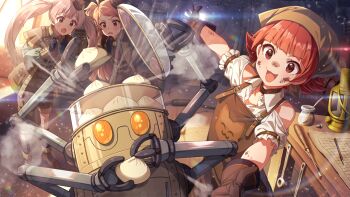 Rule 34 | 3girls, apron, belt, boots, brown hair, cat, dirty, dirty face, game cg, gloves, hakozaki serika, hat, headscarf, idolmaster, idolmaster million live!, idolmaster million live! theater days, lantern, mechanical arms, mini hat, multiple girls, nonohara akane, official art, ogami tamaki, open mouth, orange eyes, paper, red eyes, red hair, robot, screwdriver, shorts, spoon, steam, table, twintails, wooden floor
