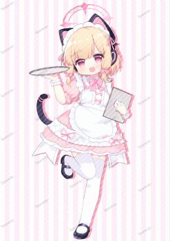 1girl :d alternate_costume animal_ear_headphones animal_ears apron artist_name black_shoes black_tail blonde_hair blue_archive blunt_bangs blush bow bowtie cat_ear_headphones cat_ears cat_tail character_name chinese_commentary collared_dress commentary dress drop_shadow fake_animal_ears fake_tail frilled_apron frilled_dress frilled_wrist_cuffs frills full_body hair_bow halo hand_up headphones highres holding holding_tray leg_up looking_at_viewer low-tied_sidelocks maid maid_apron mary_janes momoi_(blue_archive) open_mouth parted_bangs pink_background pink_bow pink_bowtie pink_dress pink_eyes pink_halo pink_ribbon puffy_short_sleeves puffy_sleeves ribbon shoes short_hair short_sleeves sidelocks smile solo sparerib- standing standing_on_one_leg striped_background tail tail_raised thighhighs tray two-tone_background v-shaped_eyebrows vertical-striped_background watermark watermark_grid white_thighhighs white_wrist_cuffs wrist_cuffs