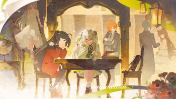 2boys 4girls absurdres book bushi_feichai_qishi chair closed_mouth colored_inner_hair commission day dress faceless faceless_female faceless_male flower glasses hair_between_eyes hair_ornament hairclip hairpin highres indoors long_hair long_sleeves looking_at_object mihuashi_commission multicolored_hair multiple_boys multiple_girls open_book original red_flower sidelocks sitting smile solo_focus sunlight table two_side_up watermark white_hair