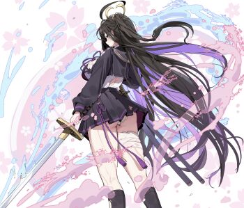 1girl absurdres ass bandaged_leg bandages black_hair black_serafuku black_shirt black_skirt black_socks breasts chitose_(stella_sora) from_behind highres holding holding_sword holding_weapon katana large_breasts long_hair long_sleeves panties patanda school_uniform serafuku shirt skirt socks solo stella_sora sword thighs torn_clothes underwear very_long_hair weapon white_panties