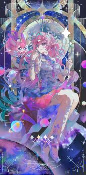 1girl absurdres aqua_hair blue_eyes breasts cyrene_(honkai:_star_rail) cyrene_(ripples_of_past_reverie)_(honkai:_star_rail) diamond-shaped_pupils diamond_(shape) dress high_heels highres honkai:_star_rail honkai_(series) large_breasts long_hair mem_(honkai:_star_rail) multicolored_hair on_swing pink_hair planet planetary_ring pointy_ears purple_eyes smile star-shaped_pupils star_(symbol) swing symbol-shaped_pupils very_long_hair white_dress white_hair x431788