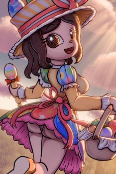 Rule 34 | 1girl, animal crossing, ass, basket, blush, borrowed character, breasts, brown eyes, brown hair, cloud, dress, easter egg, egg, from behind, grass, hat, holding, holding basket, holding instrument, holding maracas, instrument, large breasts, layered sleeves, light rays, long sleeves, looking at viewer, looking back, maracas, murana (muramasa mikado), nintendo, open mouth, orange panties, orange shoes, original, panties, polka dot, polka dot dress, print dress, puffy sleeves, shoes, short hair, sky, smile, soandnb, standing, standing on one leg, star (symbol), star print, striped clothes, striped hat, sunbeam, sunlight, underwear, villager (animal crossing), wedgie, white hat, yellow dress